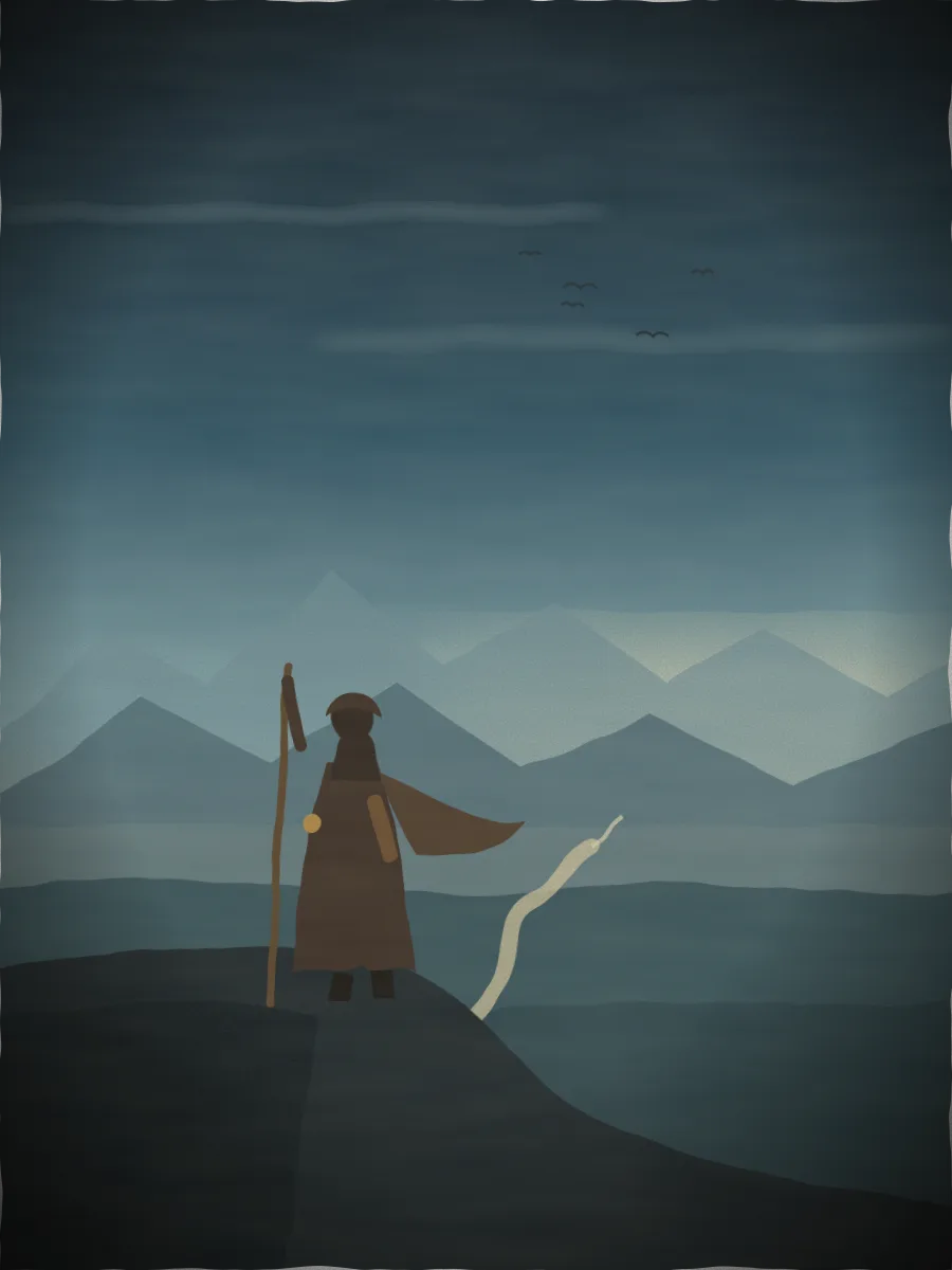 A cloaked wanderer stands on a high mountain pass, looking over a vast unknown valley where a road disappears into the horizon.