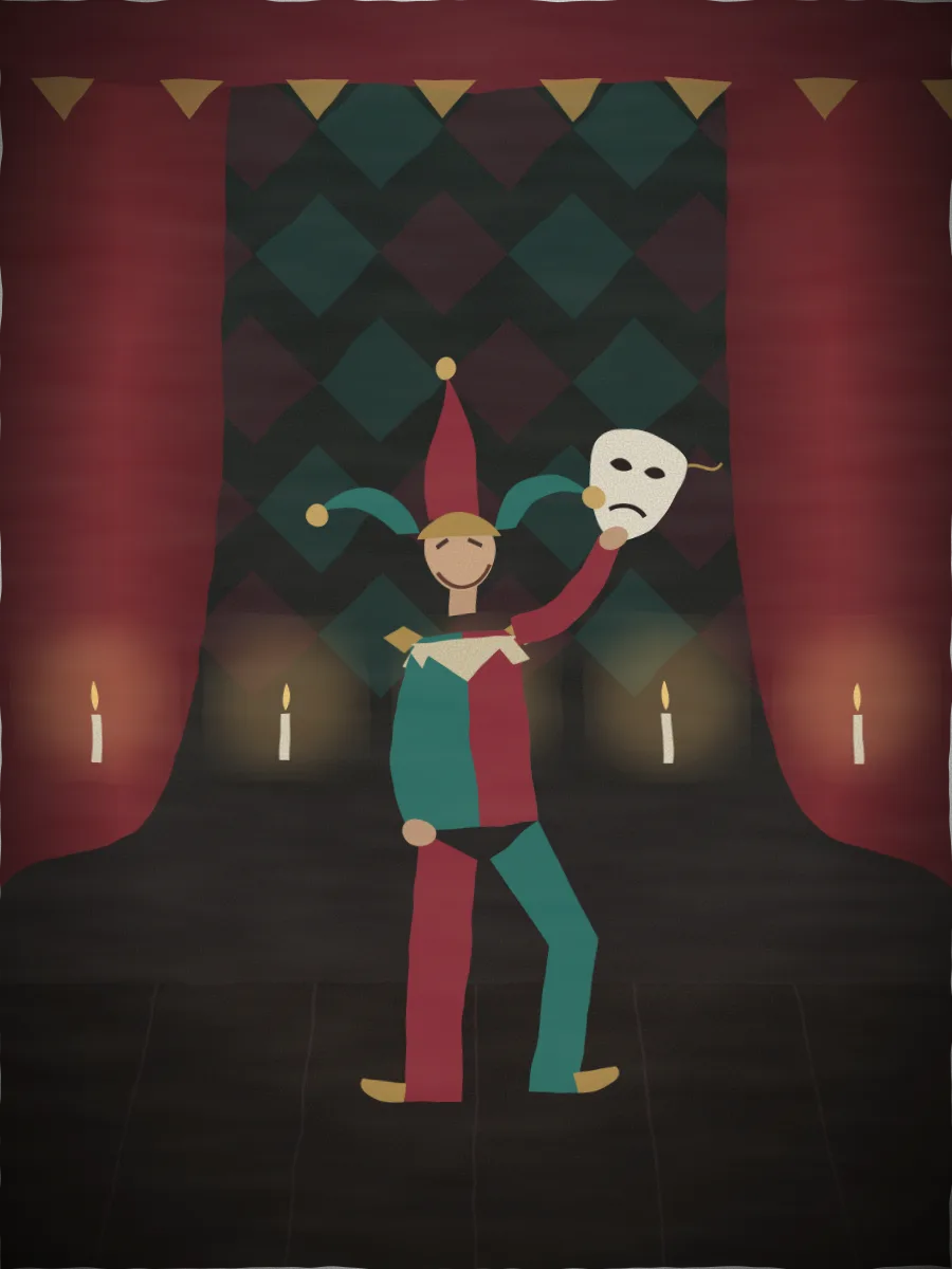 A court jester in asymmetric motley with small bells grins in a candlelit hall, holding a theatrical mask in one hand.
