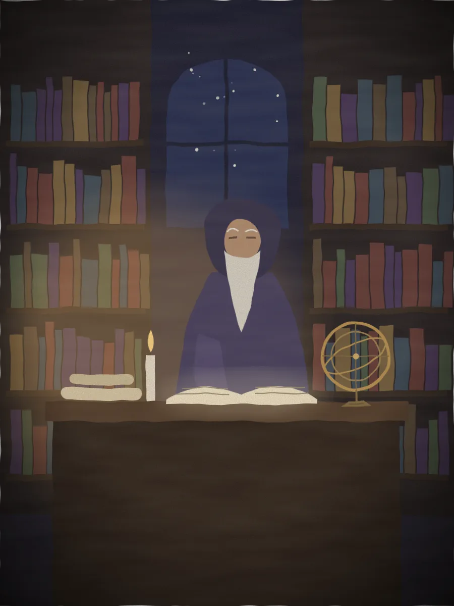 An elderly scholar in layered robes reads by candlelight in an ancient library filled with scrolls, manuscripts and an astrolabe.